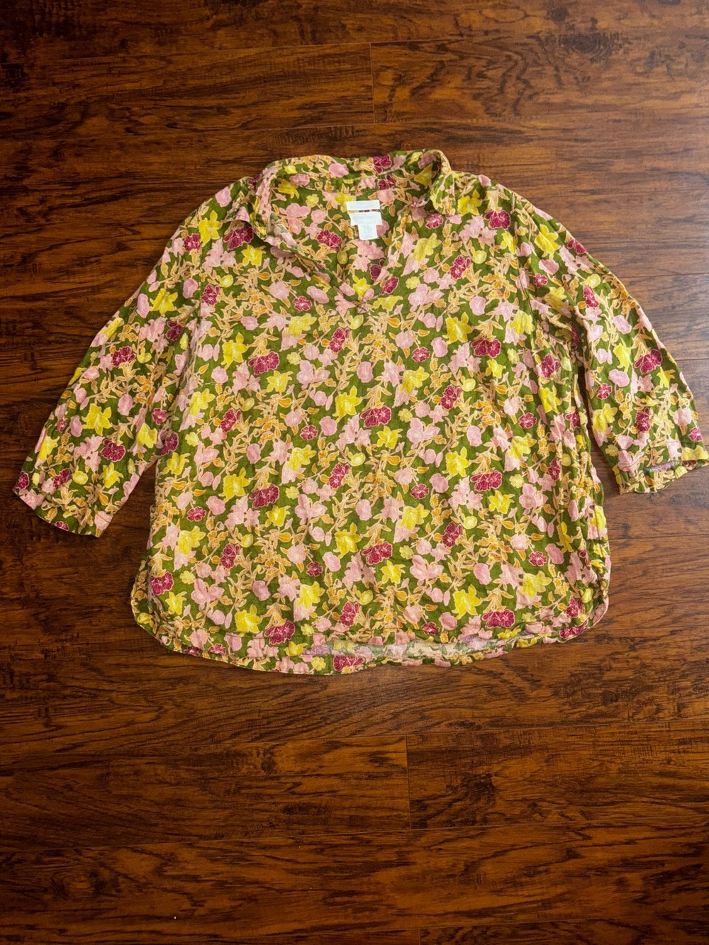 Cynthia Rowley 100% Linen Blouse Pink Yellow Orange Floral V-Neck 3/4 Sleeve Top